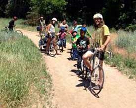 A group of children riding bicycles down a path.